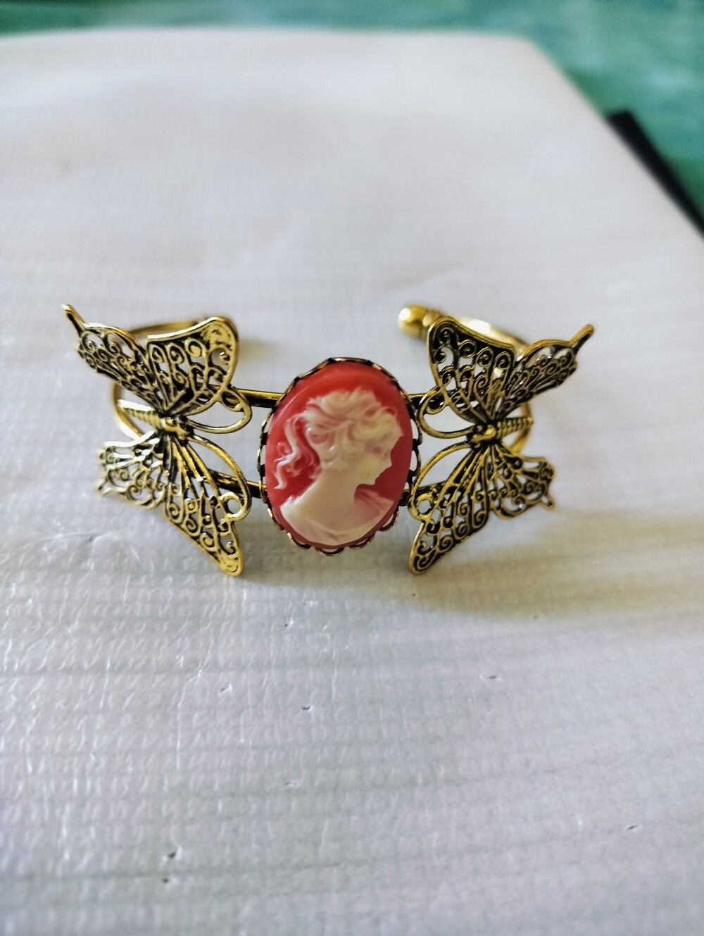 Victorian Style Butterfly Cameo Cuff Bracelet Antique Brass Filigree Bangle